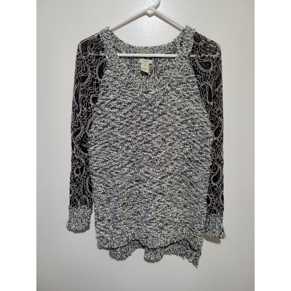 Escio Popcorn Knit Sweater Womens‎ Large Black White Lace Raglan Sleeve